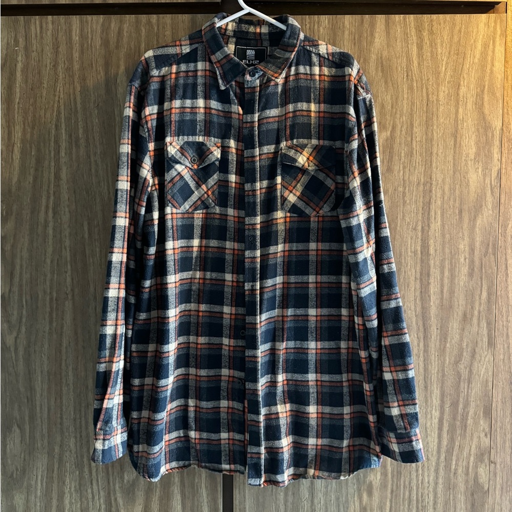 ELXR Men's Plaid Flannel Shirt Blue,Orange, and Tan